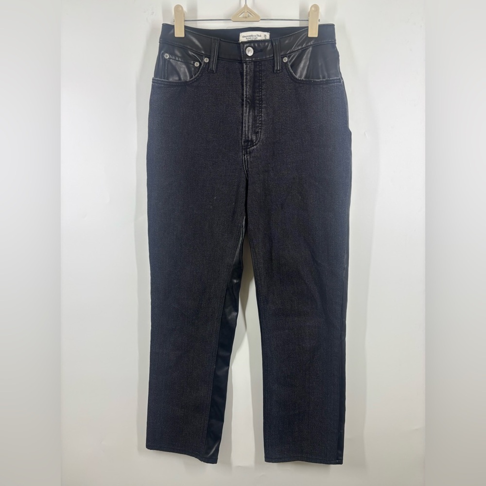 Abercrombie & Fitch Leather Back Black Denim Ankle Straight Ultra High Rise 28 6
